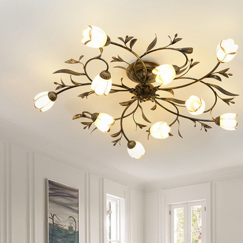 Modern Art Deco Floral Leaf Branch Glass Iron 6/8/10/12 Light Semi-Flush Mount Ceiling Light For Living Room