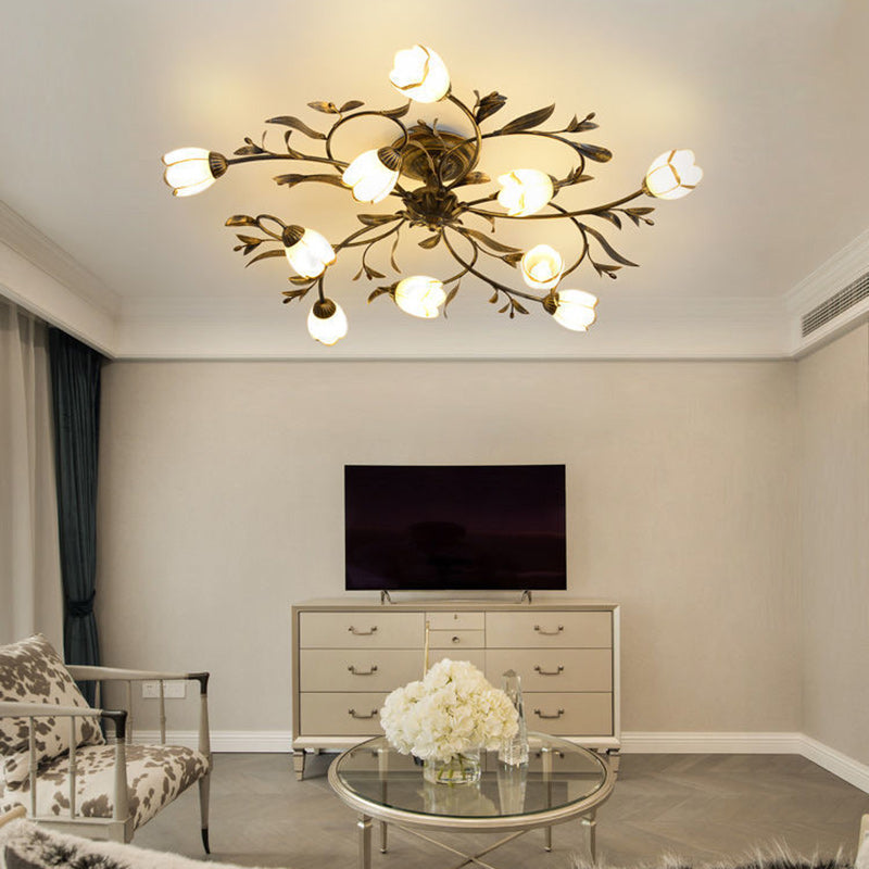 Modern Art Deco Floral Leaf Branch Glass Iron 6/8/10/12 Light Semi-Flush Mount Ceiling Light For Living Room