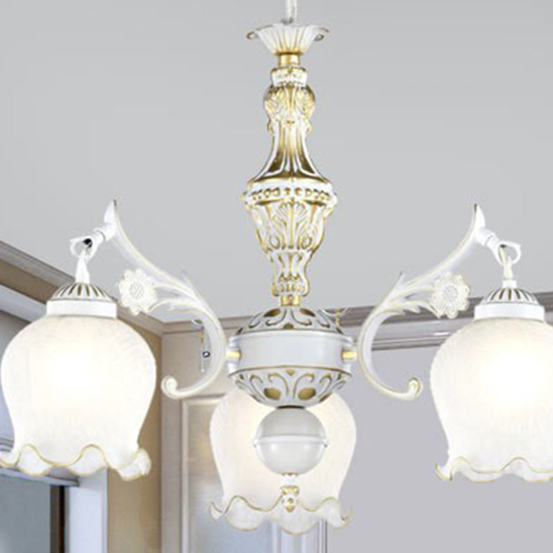 Traditional Vintage Floral Branch Round Glass Iron Zinc 3-Light Chandeliers For Living Room
