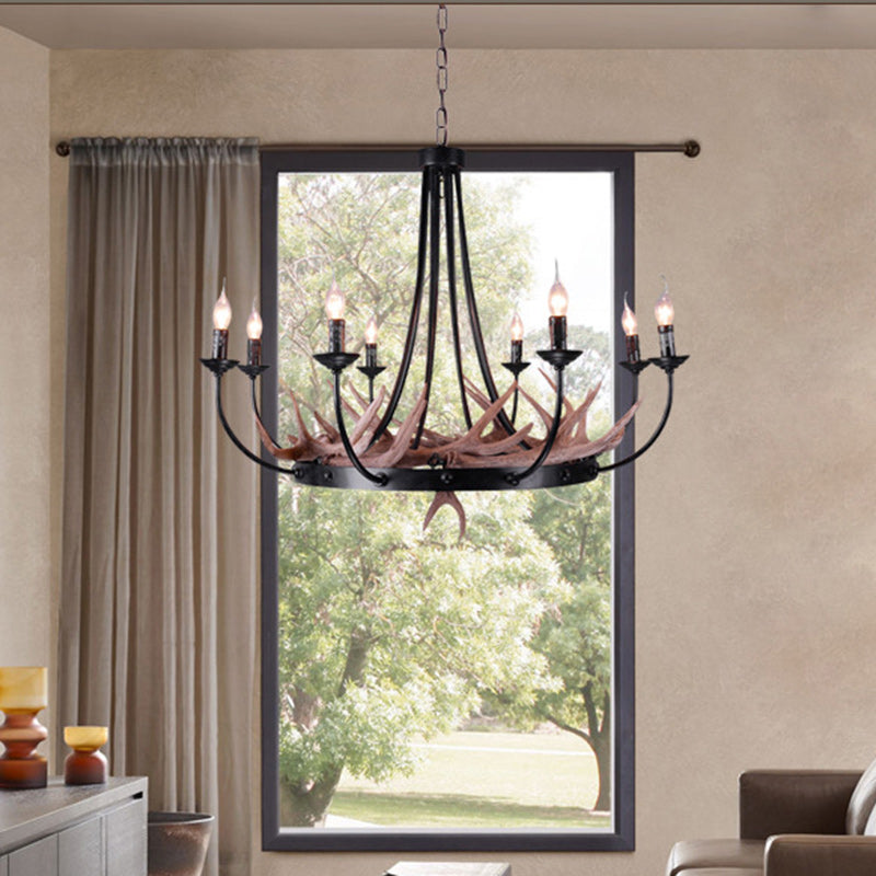 Traditional Vintage Antlers Branch Round Linen Faux Sheepskin Resin Iron 8-Light Chandeliers For Living Room