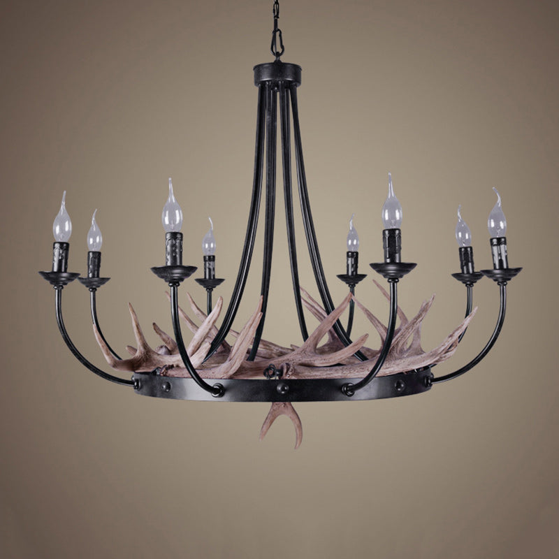 Traditional Vintage Antlers Branch Round Linen Faux Sheepskin Resin Iron 8-Light Chandeliers For Living Room