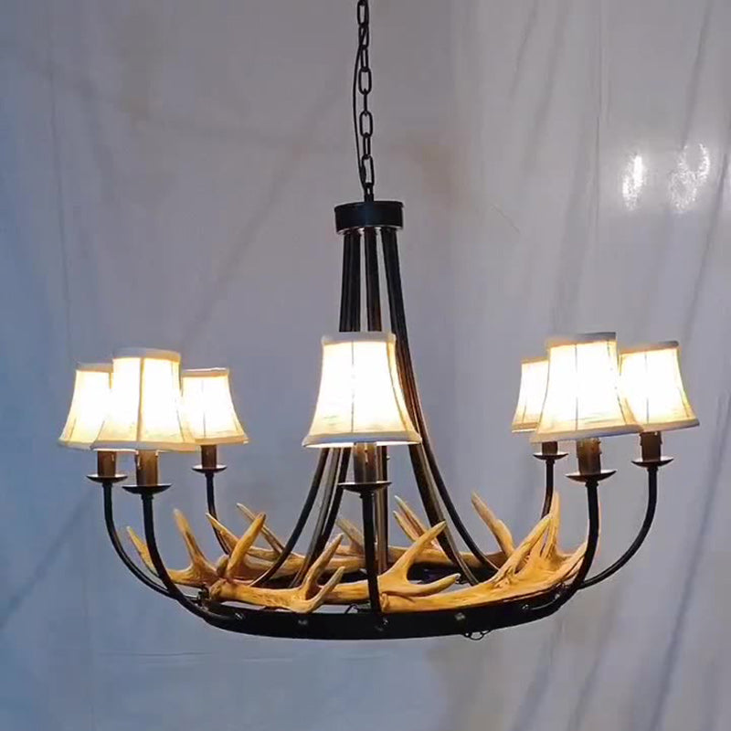 Traditional Vintage Antlers Branch Round Linen Faux Sheepskin Resin Iron 8-Light Chandeliers For Living Room