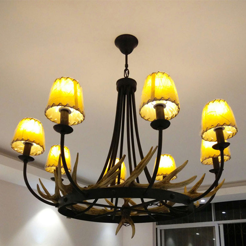 Traditional Vintage Antlers Branch Round Linen Faux Sheepskin Resin Iron 8-Light Chandeliers For Living Room