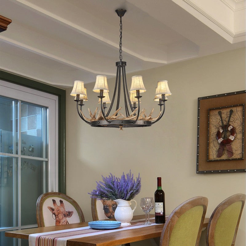 Traditional Vintage Antlers Branch Round Linen Faux Sheepskin Resin Iron 8-Light Chandeliers For Living Room