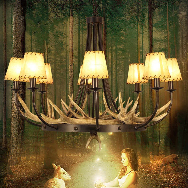 Traditional Vintage Antlers Branch Round Linen Faux Sheepskin Resin Iron 8-Light Chandeliers For Living Room