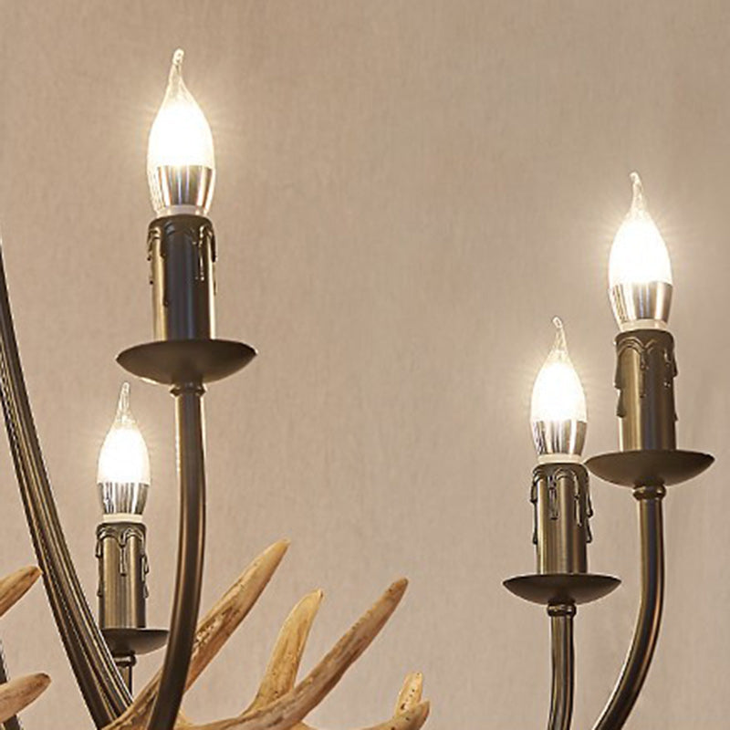 Traditional Vintage Antlers Branch Round Linen Faux Sheepskin Resin Iron 8-Light Chandeliers For Living Room