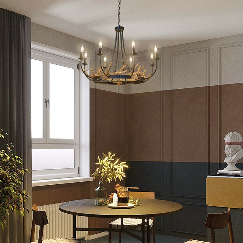 Traditional Vintage Antlers Branch Round Linen Faux Sheepskin Resin Iron 8-Light Chandeliers For Living Room