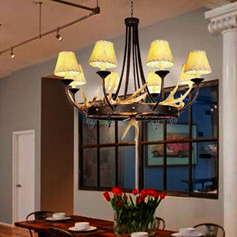 Traditional Vintage Antlers Branch Round Linen Faux Sheepskin Resin Iron 8-Light Chandeliers For Living Room
