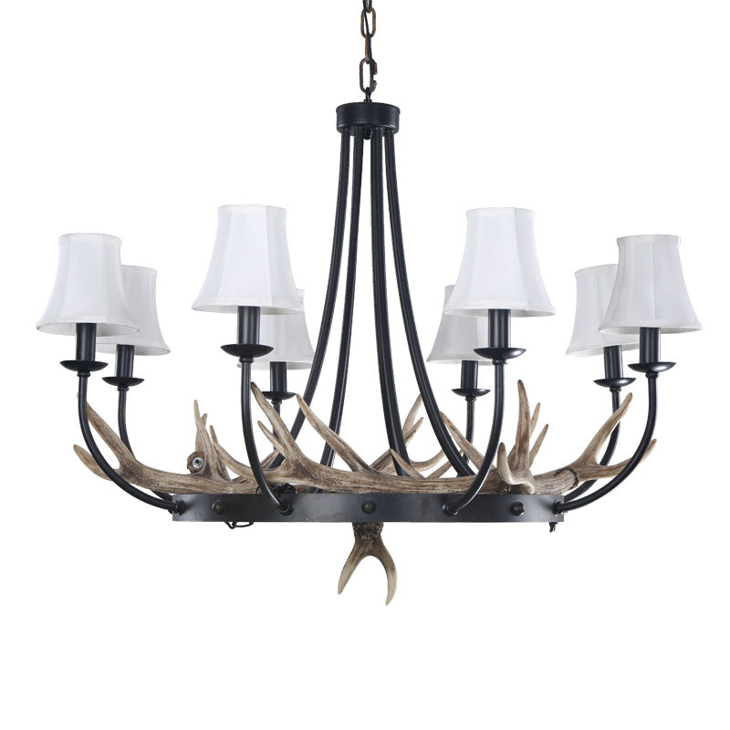 Traditional Vintage Antlers Branch Round Linen Faux Sheepskin Resin Iron 8-Light Chandeliers For Living Room