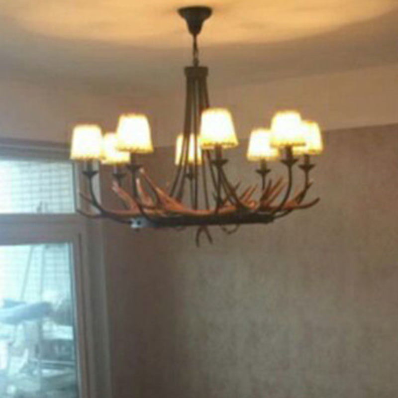 Traditional Vintage Antlers Branch Round Linen Faux Sheepskin Resin Iron 8-Light Chandeliers For Living Room