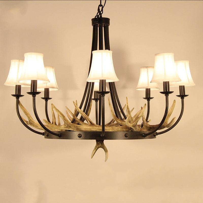 Traditional Vintage Antlers Branch Round Linen Faux Sheepskin Resin Iron 8-Light Chandeliers For Living Room