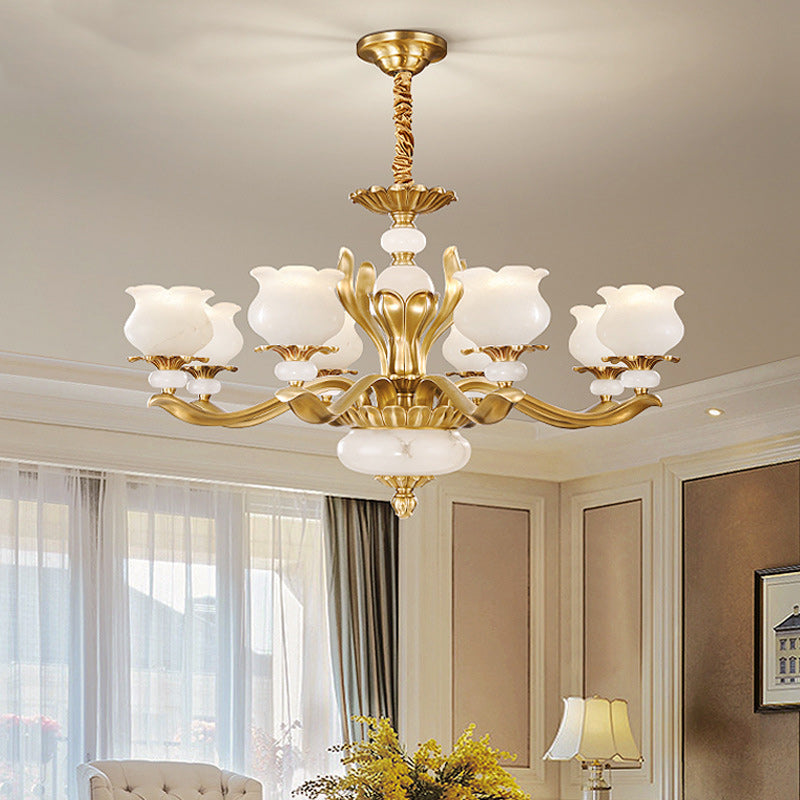 Modern Luxury Floral Round Branch Marble Brass 6/8/10 Light Chandeliers For Living Room
