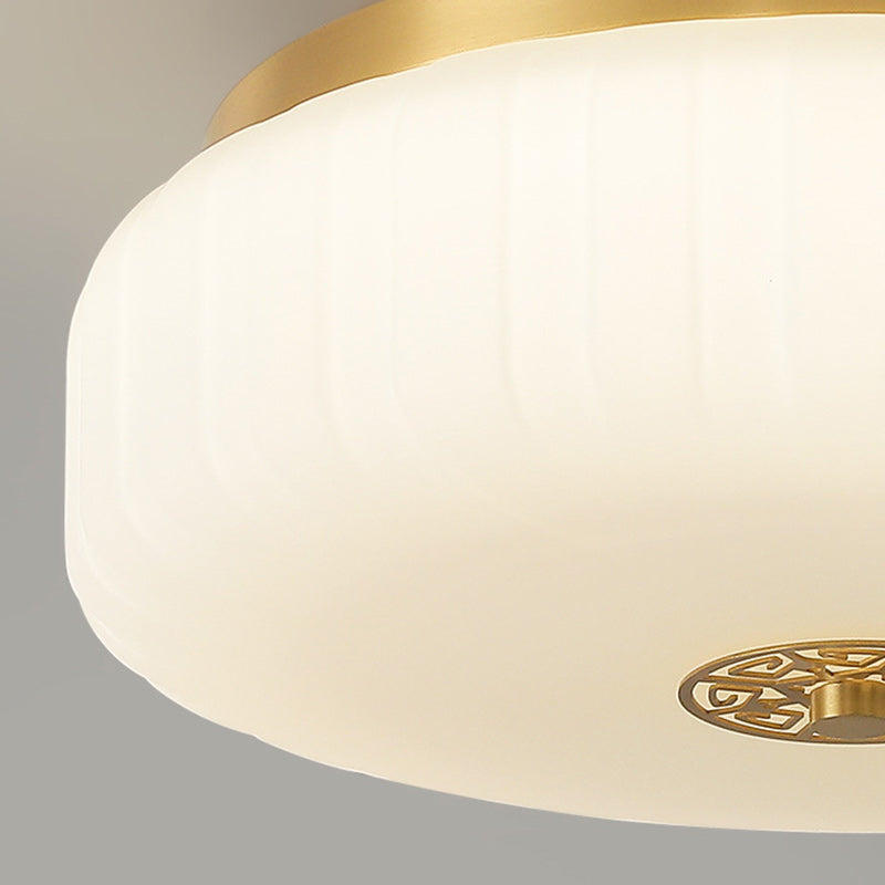 Traditional Chinese Round Glass Copper LED Flush Mount Ceiling Light For Bedroom
