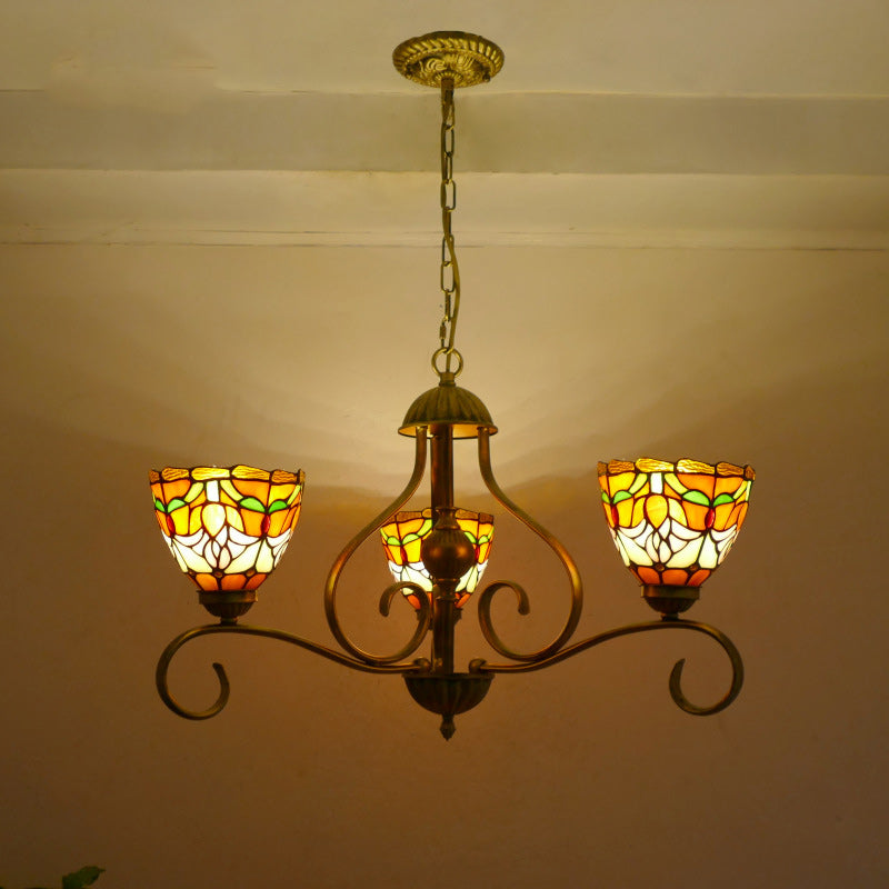 伝統的なティファニーの半円曲線枝ガラス鉄製3灯シャンデリア(リビングルーム用)