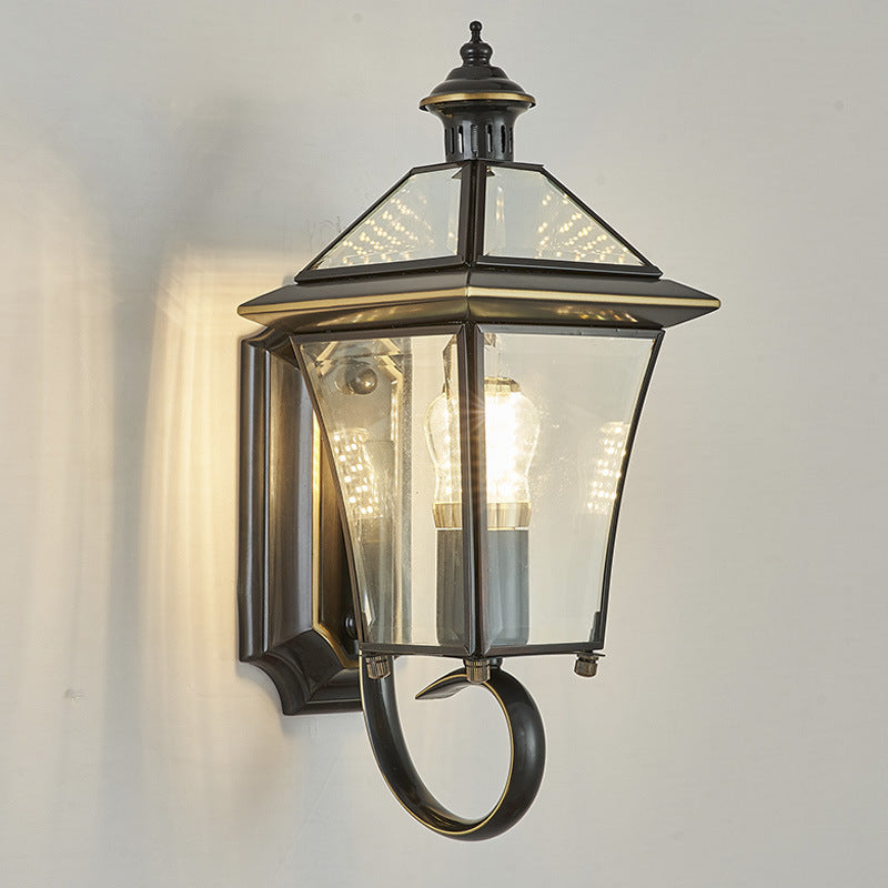Traditional Vintage Tapered Square Round Glass Copper 1/3 Light Wall Sconce Lamp For Garden