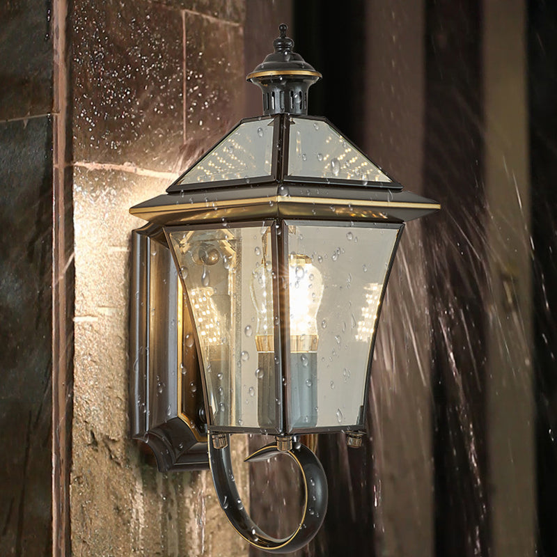 Traditional Vintage Tapered Square Round Glass Copper 1/3 Light Wall Sconce Lamp For Garden