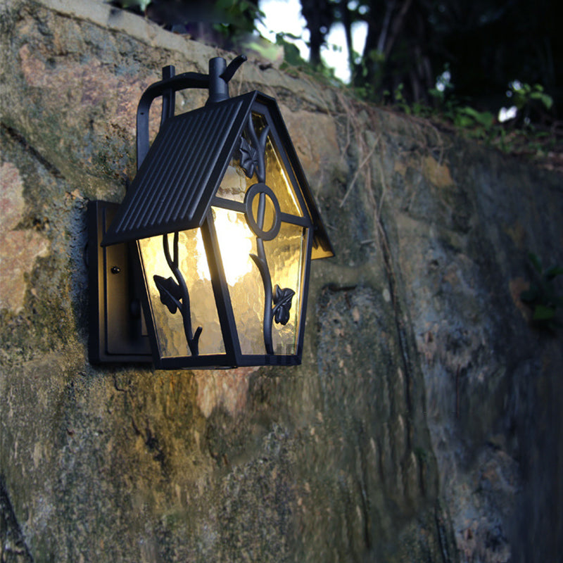 Traditional Vintage House Shape Square Glass Aluminum 1-Light Wall Sconce Lamp For Outdoor Patio