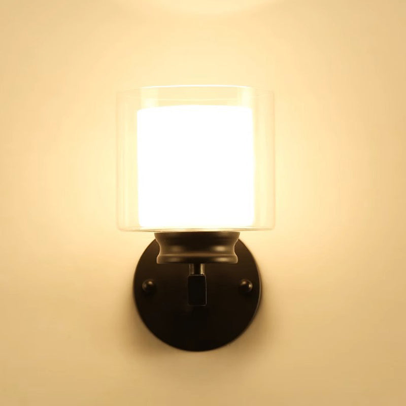 Modern Minimalist Round Column Glass Iron 1-Light Wall Sconce Lamp For Bedroom