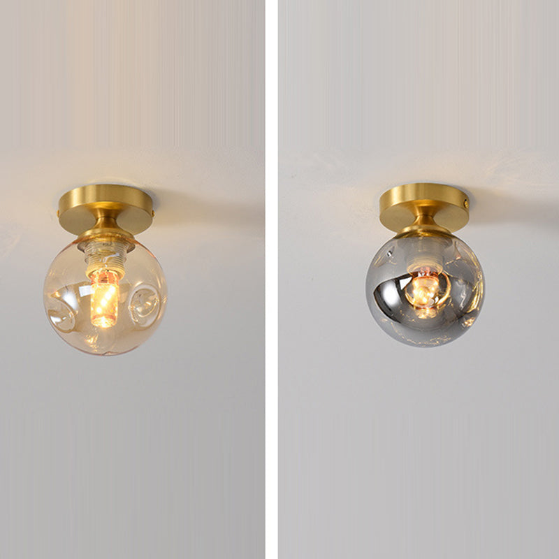 Modern Minimalist Round Ball Cylinder Round Glass Copper 1/2 Light Semi-Flush Mount Ceiling Light For Living Room