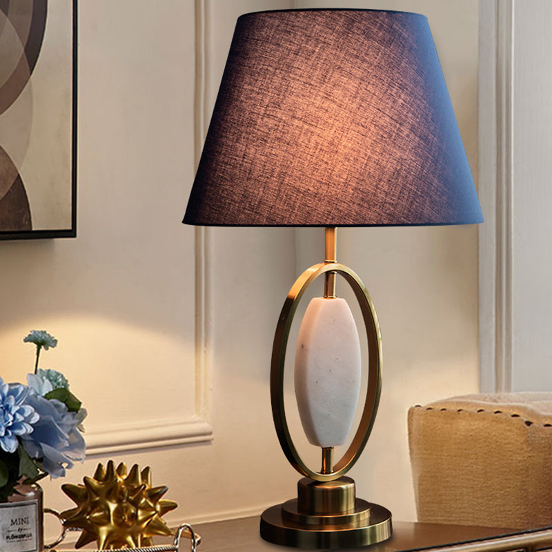 Traditional Vintage Round Column Fabric Metal 1-Light Table Lamp For Living Room