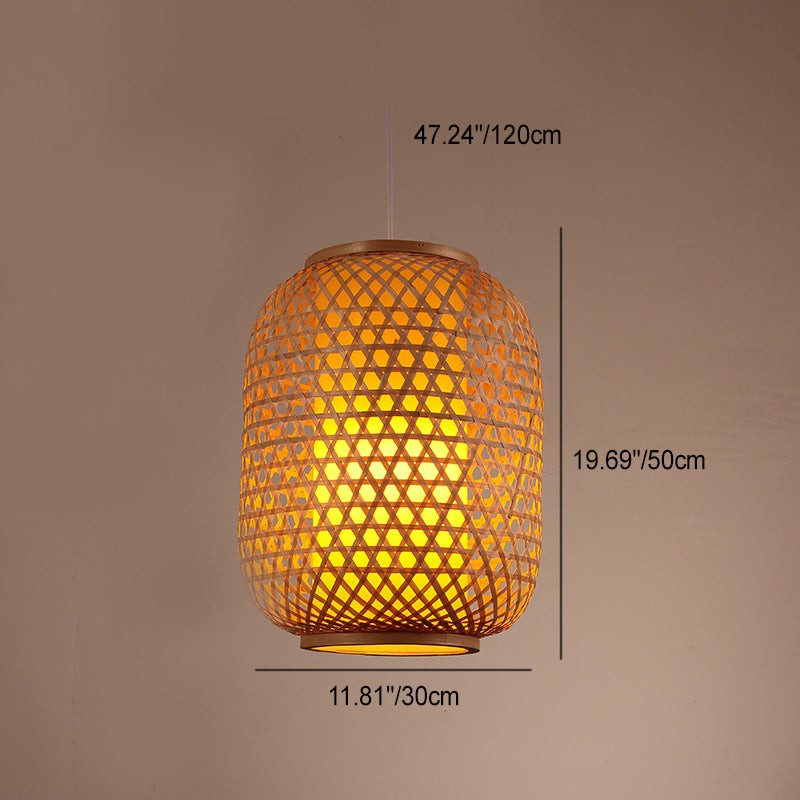 Traditional Chinese Lantern Round Bamboo Wood 1-Light Pendant Light For Living Room