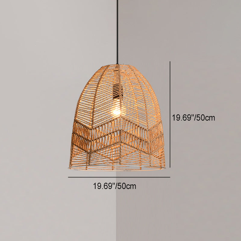 Traditional Japanese Round Cutout Sisal Iron 1-Light Pendant Light For Living Room