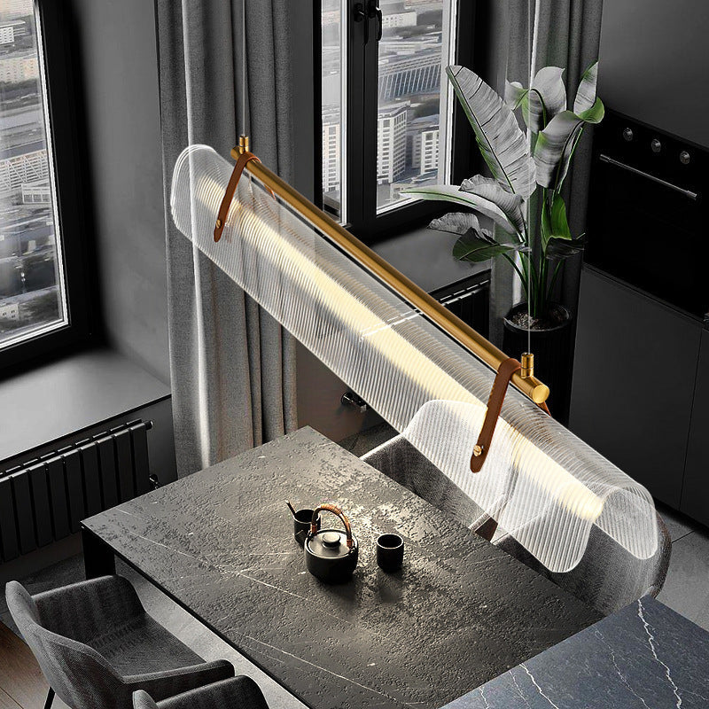 Contemporary Scandinavian Long Arched Cylinder Acrylic Leather Iron LED Island Light Chandelier For Living Room