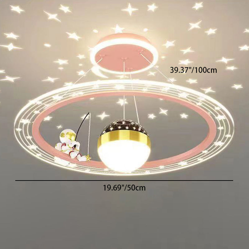 Modern Minimalist Kids Astronaut Stars Round Orb PC Wood LED Chandelier For Living Room