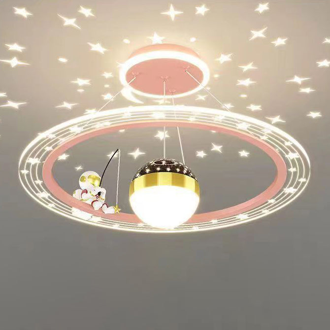 Modern Minimalist Kids Astronaut Stars Round Orb PC Wood LED Chandelier For Living Room