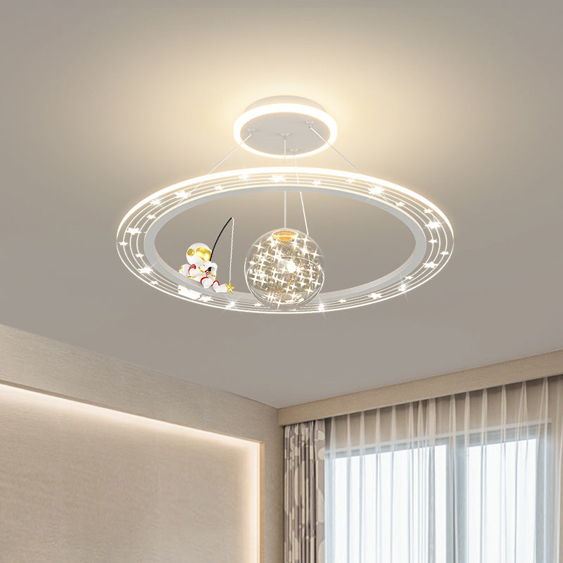 Modern Art Deco Kids Astronaut Planet Round Acrylic Iron LED Chandelier For Living Room