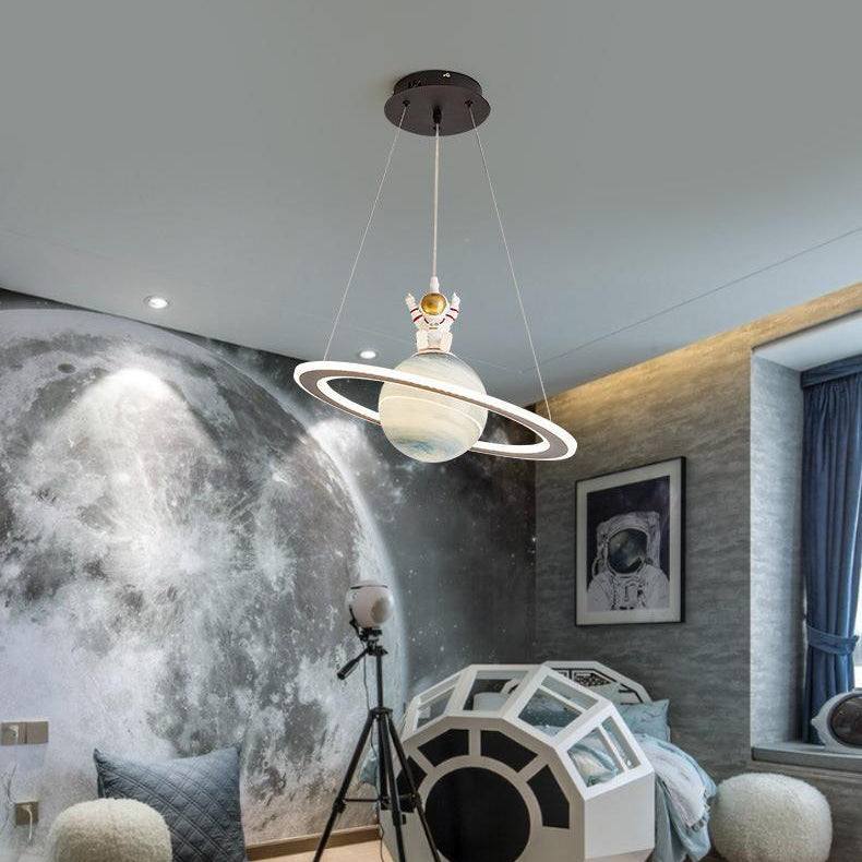 Modern Art Deco Kids Round Planet Spaceman Acrylic Iron LED Chandelier For Living Room