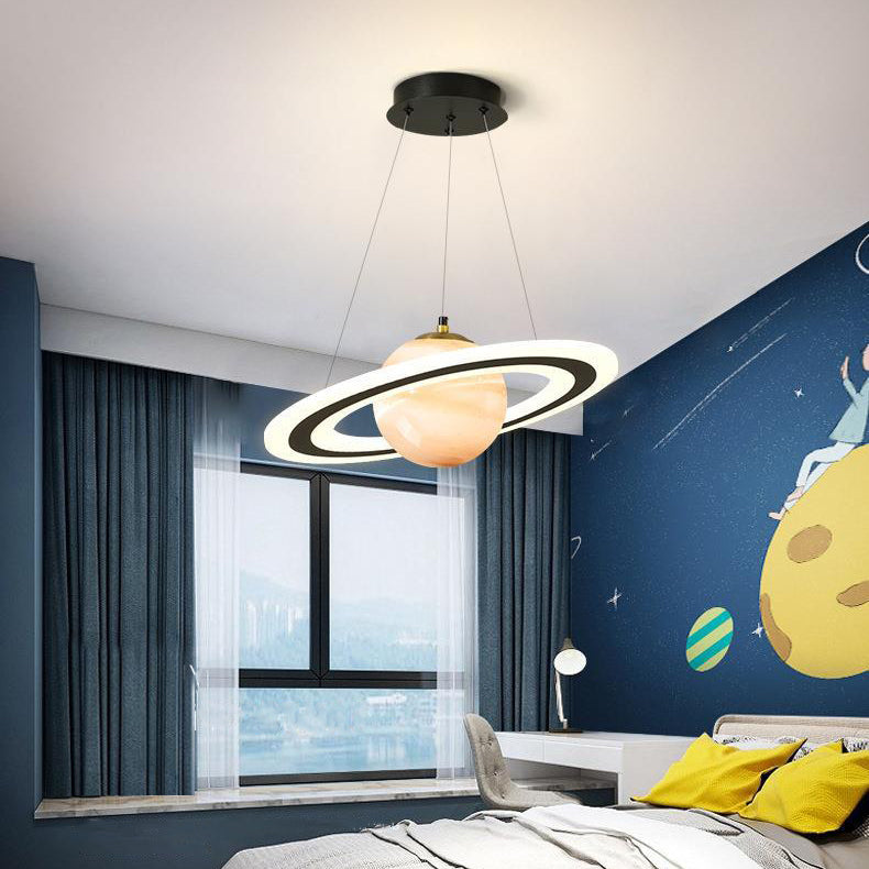 Modern Art Deco Kids Round Planet Spaceman Acrylic Iron LED Chandelier For Living Room