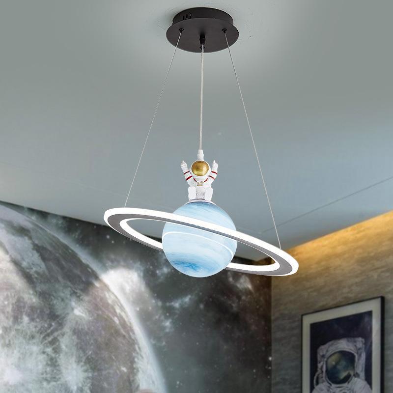 Modern Art Deco Kids Round Planet Spaceman Acrylic Iron LED Chandelier For Living Room