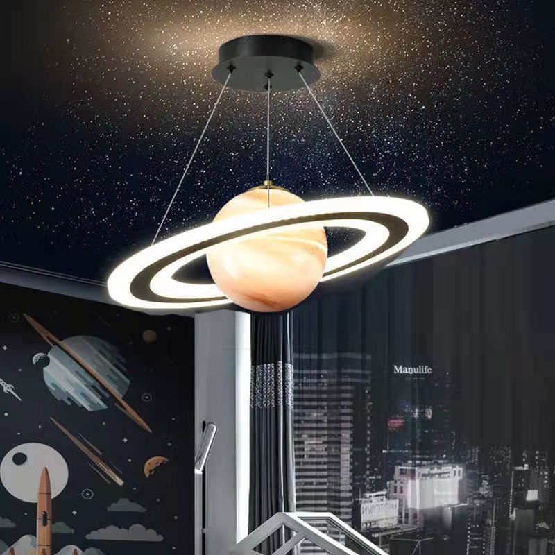 Modern Art Deco Kids Round Planet Spaceman Acrylic Iron LED Chandelier For Living Room