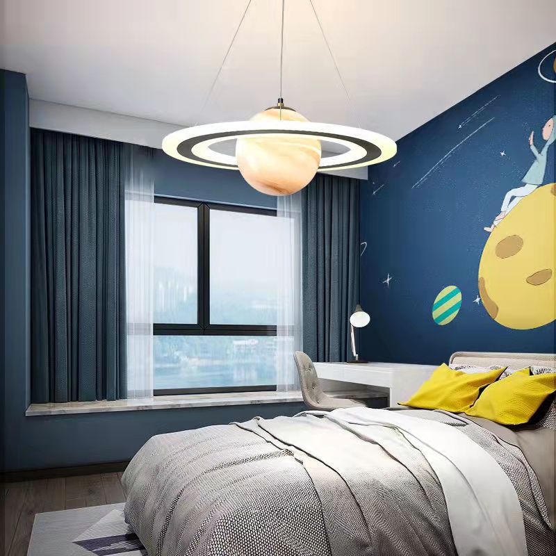 Modern Art Deco Kids Round Planet Spaceman Acrylic Iron LED Chandelier For Living Room