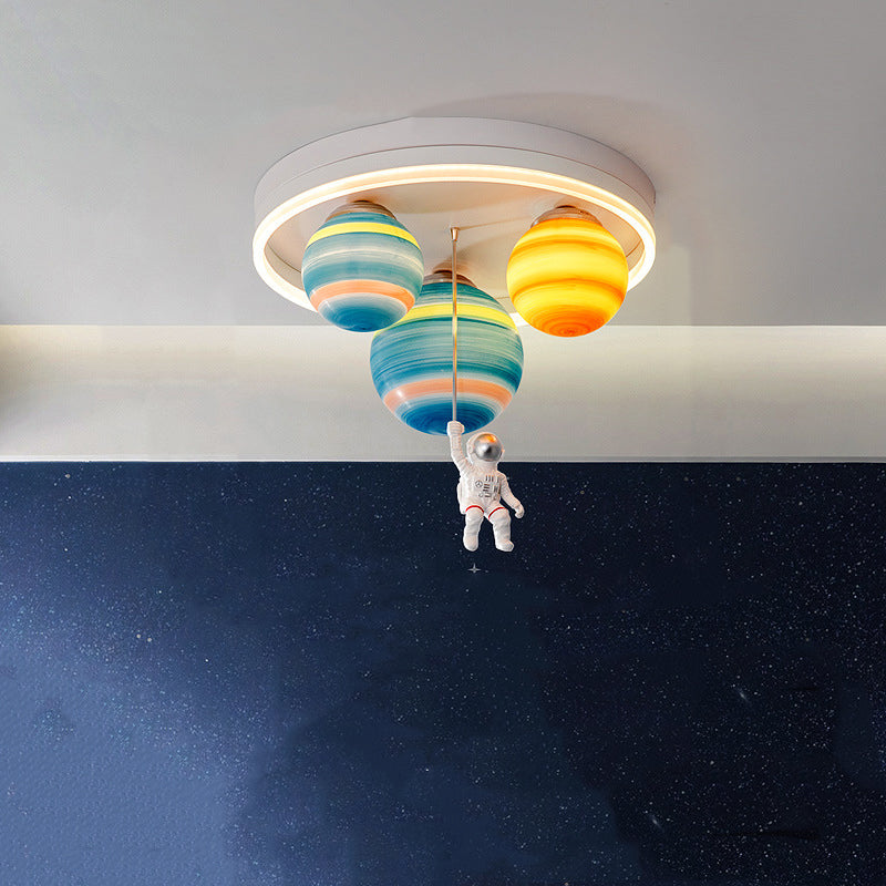 Modern Art Deco Kids Planet Astronaut Round Resin Iron LED Flush Mount Ceiling Light For Living Room