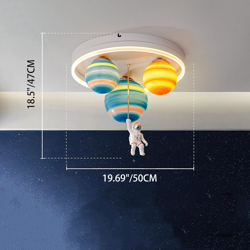 Modern Art Deco Kids Planet Astronaut Round Resin Iron LED Flush Mount Ceiling Light For Living Room