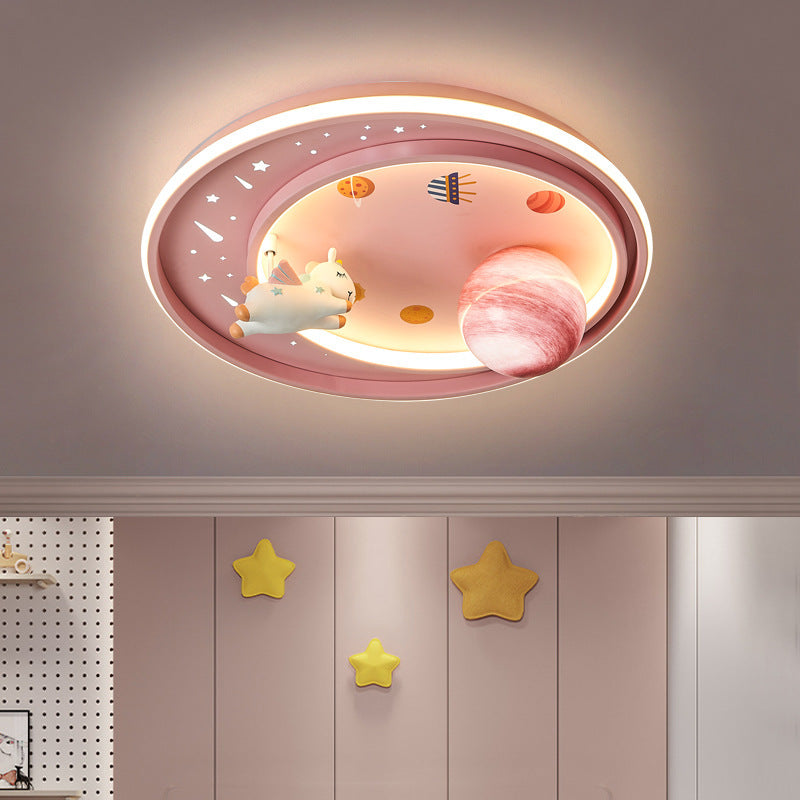 Modern Art Deco Kids Unicorn Planet Round Acrylic Iron LED Flush Mount Ceiling Light For Bedroom