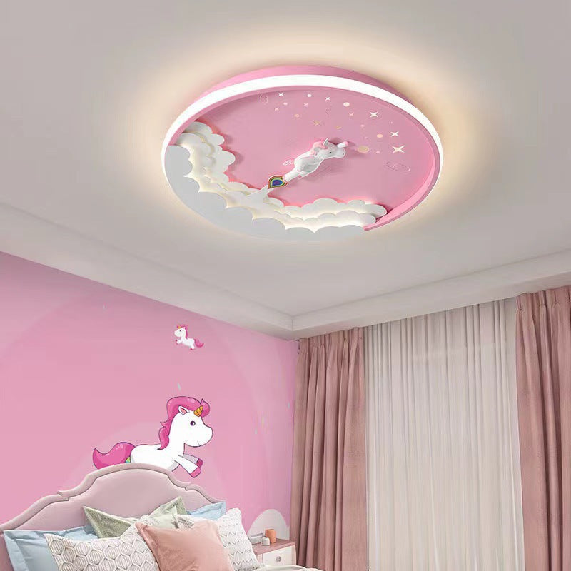 Modern Art Deco Kids Unicorn Rocket Round Silicone Iron LED Flush Mount Ceiling Light For Living Room