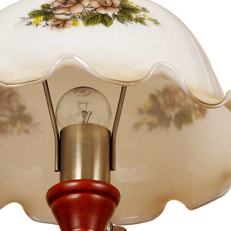 Traditional Vintage Round Cylinder Pendant Flower Fabric Glass Wood 1-Light Table Lamp For Living Room