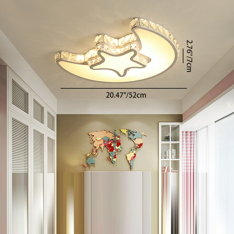 Modern Luxury Cloud Star Crescent Concentric Crystal Iron LED Flush Mount Ceiling Light For Living Room
