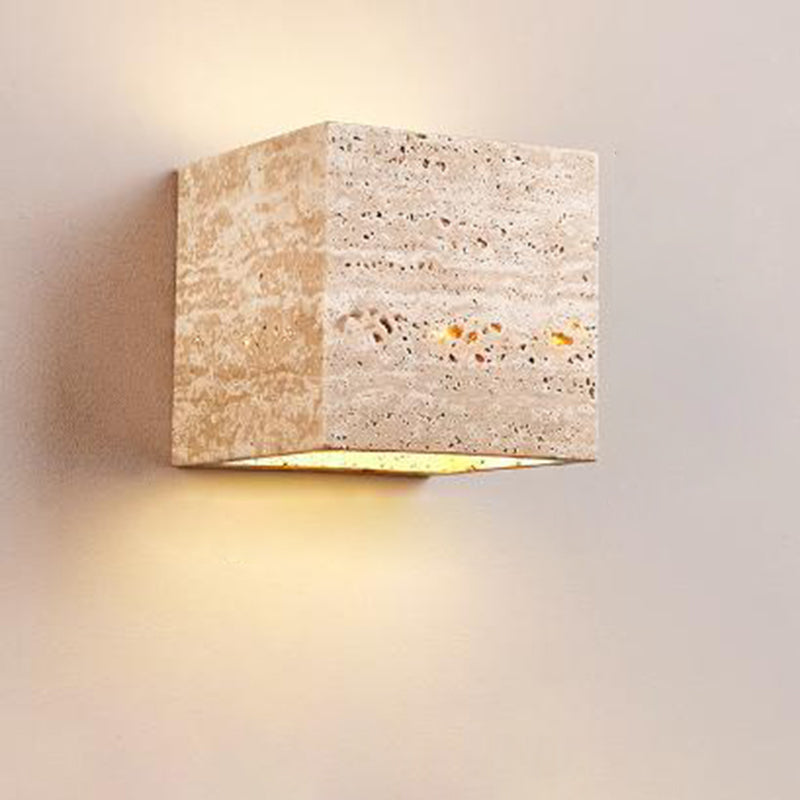 Traditionelle japanische quadratische/rechteckige LED-Wandleuchte aus gelbem Travertin-Eisen für das Wohnzimmer