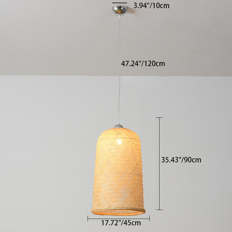 Traditional Chinese Cylinder Hanging Clock Bamboo Iron 1-Light Pendant Light For Living Room