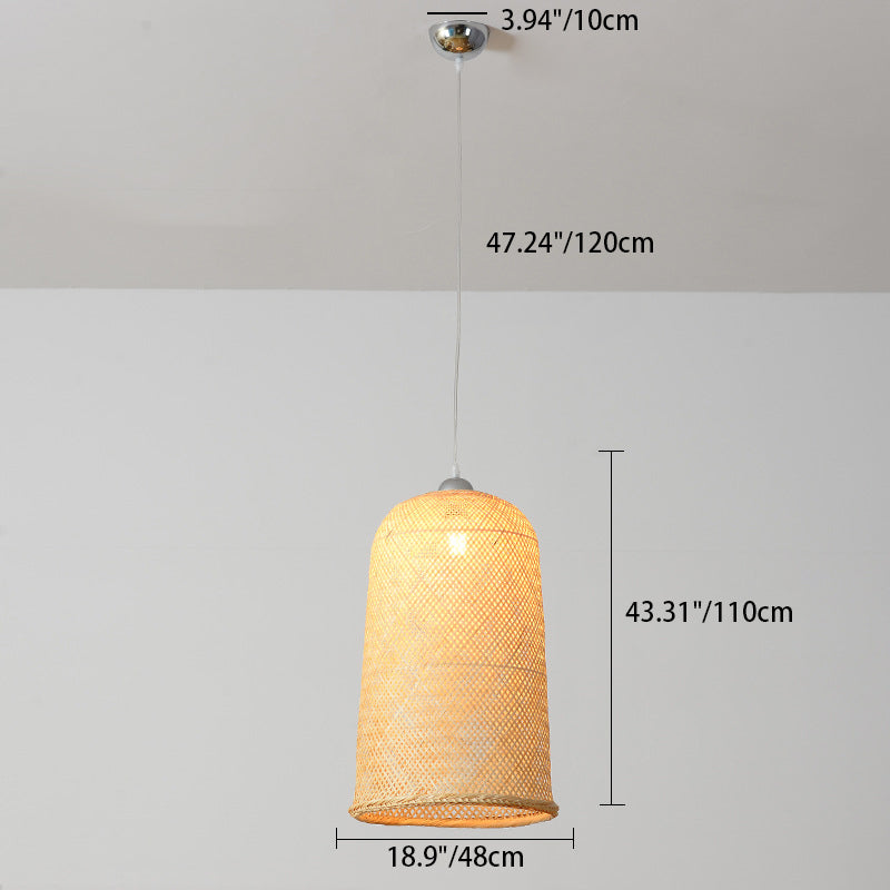 Traditional Chinese Cylinder Hanging Clock Bamboo Iron 1-Light Pendant Light For Living Room