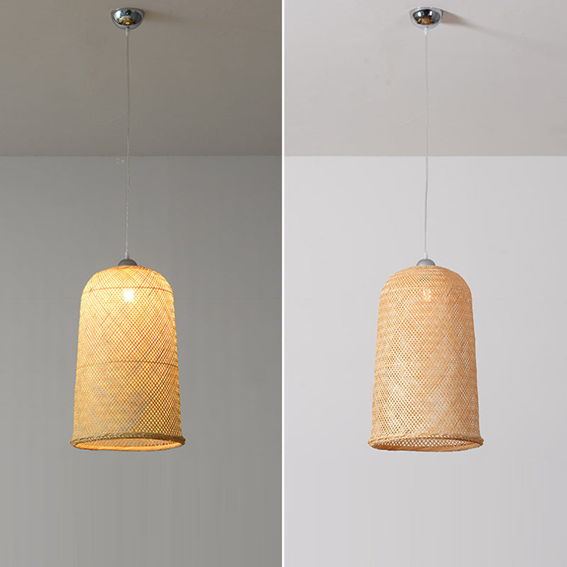 Traditional Chinese Cylinder Hanging Clock Bamboo Iron 1-Light Pendant Light For Living Room