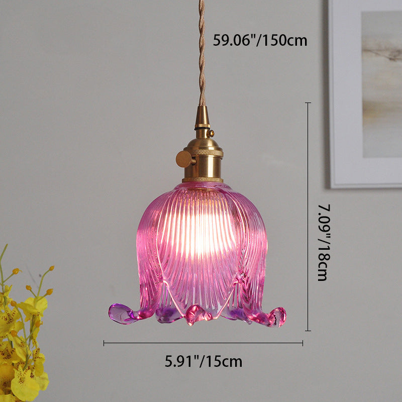 Traditional Vintage Floral Round Glass Copper 1-Light Pendant Light For Living Room