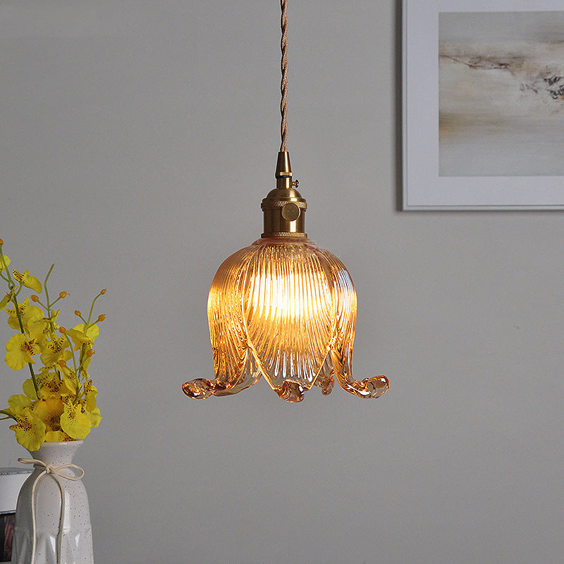 Traditional Vintage Floral Round Glass Copper 1-Light Pendant Light For Living Room