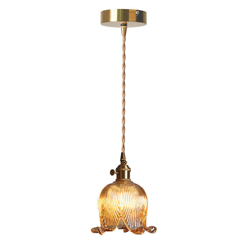 Traditional Vintage Floral Round Glass Copper 1-Light Pendant Light For Living Room