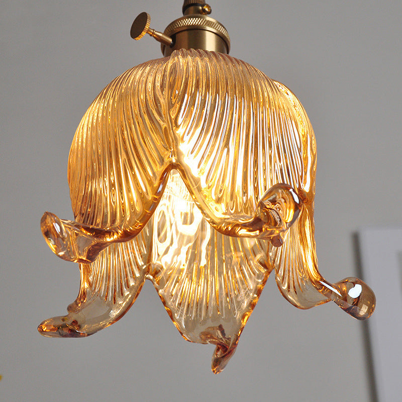 Traditional Vintage Floral Round Glass Copper 1-Light Pendant Light For Living Room