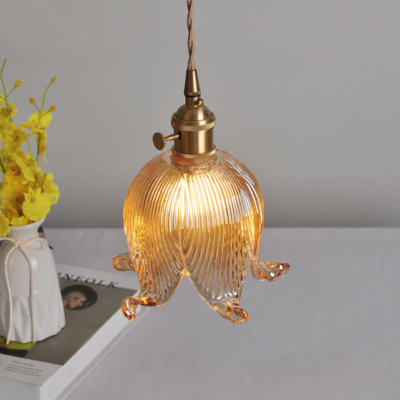 Traditional Vintage Floral Round Glass Copper 1-Light Pendant Light For Living Room